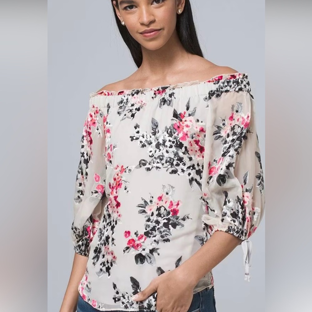 White House Black Market Silk-Blend Floral Burnout Off-the-Shoulder Blouse